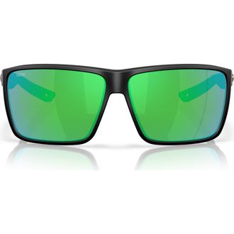 Costa Rincon II 64mm Mirrored Polarized Oversize Rectangular Sunglasses in Matte Black/Green Mirror 580P at Nordstrom