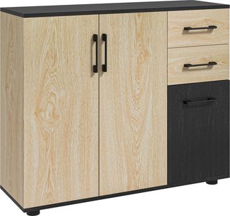 HOMCOM Homcom Aparador De 3 Puertas, Aparador De Sal&oacute;n Estrecho Con 2 Cajones, Armario De Cocina Con Estante Ajustable, 90x30x75,5 Cm, Natural Y Negro