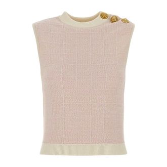 Balmain Tweed Tank Top - female - Balmain - Round-neck Knitwear - Pink - 2XS - Knitwear