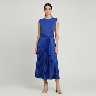 Alice & Olivia Alice + Olivia Blue Pleated Satin And Jersey Chara Sleeveless Maxi Dress