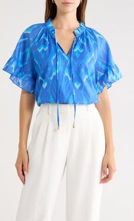 Sugarlips Carys Erie Abstract Cotton Split Neck Top in Blues-Multi at Nordstrom, Size X-Large