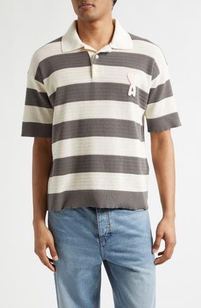 Ami Ami de Coeur Monogram Stripe Openwork Cotton Polo in Blanc Creme/Carbone at Nordstrom, Size X-Large