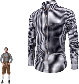 Generic Classic German Trachten Checked Shirt for Men Long Sleeve Oktoberfest Costume Bavarian Slim Fit Plaid Check Shirts with Button Down Front and Chest Po