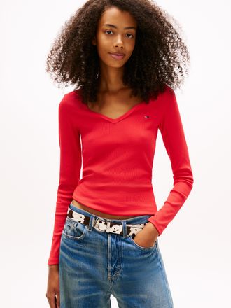 Tommy Jeans Langarmshirt TOMMY JEANS TJW SLIM ESSENTIAL RIB V LS, Damen, Gr. XS (34), rot alert, Rippware, Obermaterial: 95% Baumwolle, 5% Elasthan, unifarben, sc