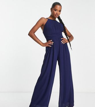 Tfnc Petite Bridesmaid pleated halter neck wide leg jumpsuit in navy