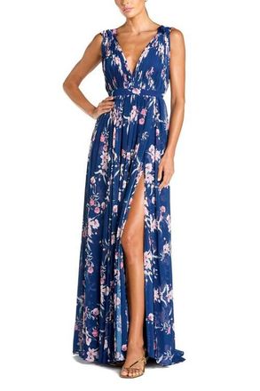 Mac Duggal Womens Sleeveless Pleated Chiffon V-Neck Gown in Blue Multi at Nordstrom, Size 10