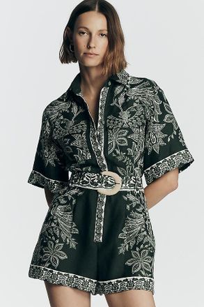 Farm Rio Miranda Short-Sleeve Belted Linen Romper