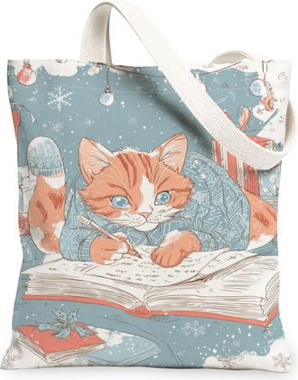 Generic Winter Cat Canvas Tote Bag, Cute Feline Illustration Reusable Shopping Bag, Lightweight Washable Shoulder Strap Canvas Bags, Blue, 13x15 Inch