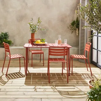 Sweeek 4-seater Rectangular Steel Garden Table With 4 Chairs in Terracotta