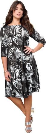 Roaman's Plus Size 3/4 Sleeve Boatneck Swing Dress in Black White Tropical at Nordstrom, Size 24