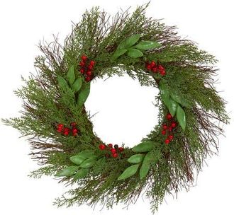 Nearly Natural 20-in Cedar and Ruscus with Berries Artificial Wreath in Green/red at Nordstrom