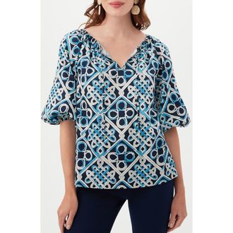 Trina Turk Vista Las Palmas Organic Cotton Elbow-Length Puff Sleeve Top in Blue Multi at Nordstrom Rack, Size Xx-Large
