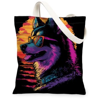 Generic Summer Alaskan Malamutes Dog Canvas Tote Bag for Shopping 13x15, Cool Beach Coastal Puppy Reusable Grocery Print Pattern Bag for Women, Retro Pet Beac