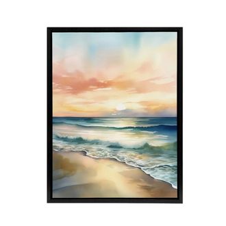 Artery8 Serene Seashore Sunset Seascape Framed Canvas Wall Art Print in Blue | Size: W24 x H32
