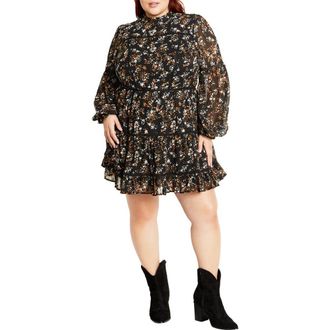 City Chic Elise Floral Long Sleeve Tiered Minidress in Fall Floral at Nordstrom Rack, Size L/20W