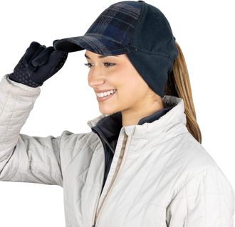 TrailHeads Womens Winter Ponytail Hat | Trucker Hat with Drop Down Ear Warmers - Blue Plaid