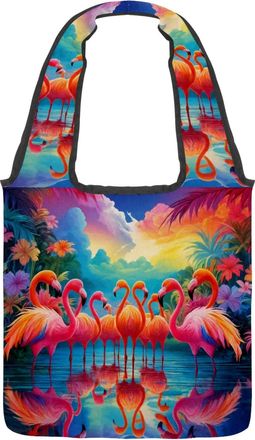 Generic Tropical Flamingos Reversible Canvas Shoulder Tote - Double-Sided Print, 12oz Cotton, 27cm Drop, Fold-Flat Bag for Travel, Shopping, Street Outings