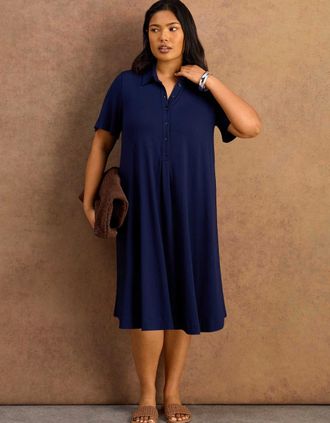 Live Unlimited London Womens Navy Half Placket Jersey Midi Shirt Dress - Size: 14