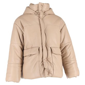Nanushka Button-Down Padded Hooded Down Jacket in Beige Faux Leather