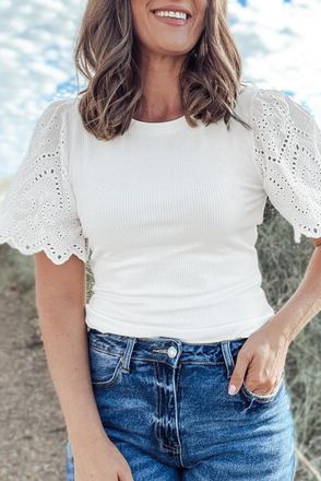 Azura Exchange Womens Eyelet Sleeve Ribbed Knit Top - White Viscose - Size Large