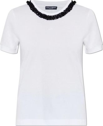 Dolce & Gabbana Jersey T-shirt met Kant en DG Borduursel - Dames - T-shirts - Wit - S - Katoen - Tops