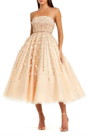 Mac Duggal Embellished Lace Strapless Midi A Line Dress in Champagne at Nordstrom, Size 10