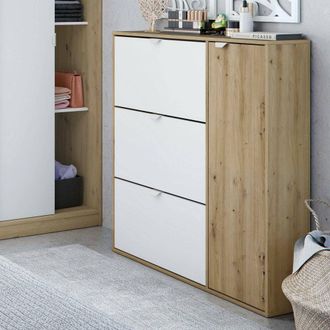 Dmora Zapatero Tok, Zapatero De Entrada Con 4 Puertas, Zapatero Ahorra Espacio, 105x24h112 Cm, Blanco Y Roble - Dmora