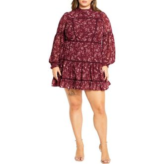 City Chic Elise Floral Long Sleeve Tiered Minidress in Adorn Floral at Nordstrom Rack, Size S/16W