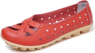 Generic Orthopedic Loafers for Women Casual Round Toe Moccasins Hollow Out Comfortable Leather Loafers Flats Orthotic Sandals Soft Walking Boat Shoes Red