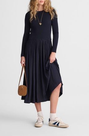 Madewell Rib Mixed Media Long Sleeve Midi Dress in Classic Navy at Nordstrom, Size Xx-Small