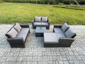 Fimous 7 Seater Rattan Wicker Garden Furniture Patio Conservatory Sofa Set with Square Coffee Table Double Seat Sofa Big Footstool in Dark Grey