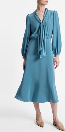 Santorelli Jenn Long Sleeve Silk Midi Tie-Neck Dress in Steel Teal at Nordstrom, Size 6