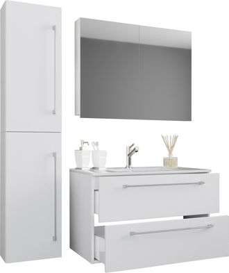 ebuy24 Ebuy24 - Vcm 4 Piezas Lavabo Lavabo Gabinete Inferior Ancho 80 Cm Muebles De Ba&ntilde;o Conjunto Con Cajones Puertas Giratorias Armario De Espejo Badinos (b