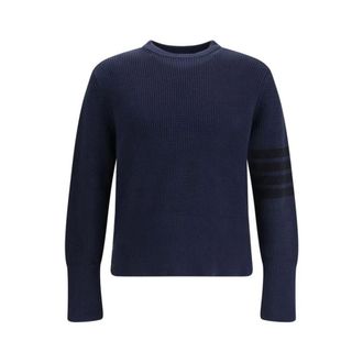 Thom Browne Round-neck Knitwear, male, Blue, Size: XL Cotton Sweatshirt with Ribbed Trims