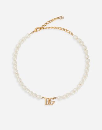 Dolce & Gabbana Link Necklace With Pearls And Dg Logo - Woman Bijoux Gold Metal Onesize