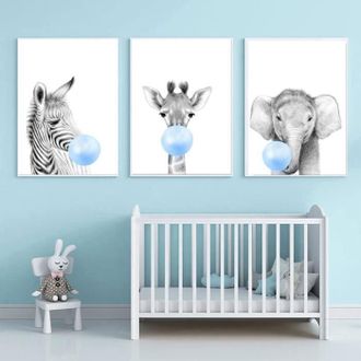 OEM 3 Affiche Animaux Bulle Bleu Gris Elephant Girafe Et Zebre Poster Chambre Enfant Garcon Tableau Bebe Deco Murale Cadeau Sans Cadre