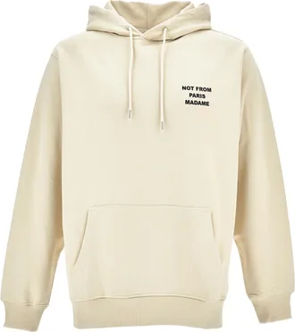 Dr&ocirc;le de Monsieur Oversized Beige Drawstring Hoodie With Front Slogan And Embroidered Back