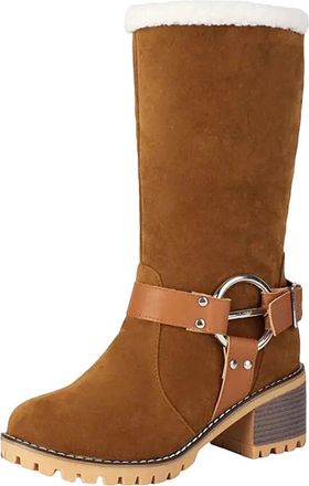 Generic Womens Retro Mid Calf Boots Round Toe High Block Heel Platform Slip On Design With Metal Detail Casual Pull On Shoes