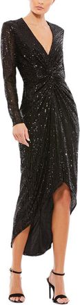 Mac Duggal Sequined High Low Front Twist Midi Dress
