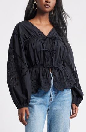 Treasure & Bond Long Sleeve Cotton Eyelet Top in Black at Nordstrom Rack, Size X-Small