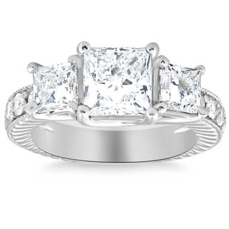 Pompeii3 2 3/4CT Princess Cut Three Stone Vintage Diamond Engagement Ring Lab Grown 14k