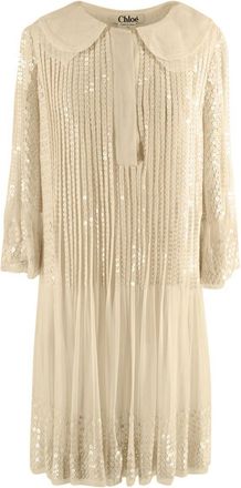 Chlo&eacute; Ecru Sequin Embroidered Silk Pleated Dress Size XS