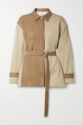 Nellie Partow Brahm Belted Paneled Nubuck And Cotton-twill Jacket - Marrone