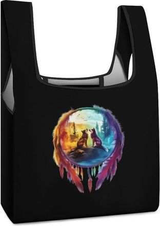 Generic Wolf Colorful Dream-catcher Reusable Shopping Bags Lightweight Foldable Grocery Bag Polyester Washable Tote Bag