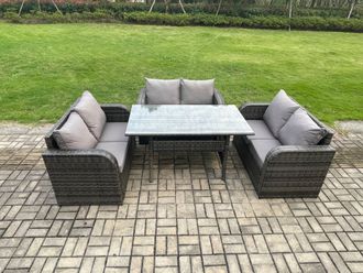 Fimous Wicker PE Rattan Sofa Outdoor Garden Furniture Set with Rectangular Dining Table Dark Grey Mixed
