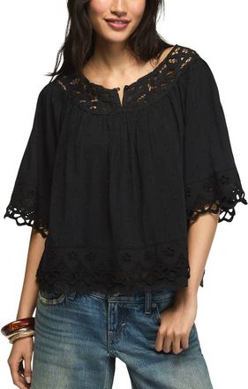 Lucky Brand Battenburg Lace Embroidered Top in Caviar at Nordstrom, Size X-Small