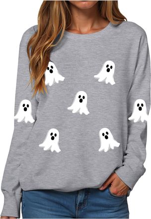 Generic Halloween Jumper for Women Cute Pumpkin Ghost Graphic Sweatshirts Long Sleeve Crew Neck Fleece Lined Pullover Jumpers Tops Ladies Halloween Costumes L