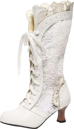 Generic Womens Retro Knee High Boots Round Toe High Square Heel With Lace Up And Hollow Mesh Design Breathable Tall Shoes