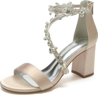 Generic Wedding Shoes Bridal Satin Block Heels Open Toe Chunky Heels Bridal Shoes Womens High Sandals 8Cm,Champagne,10 UK