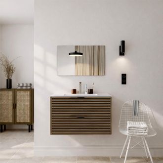 Aurlane Mueble Ba&ntilde;o Acanalado Madera Y Negro 80cm - 2 Cajones, Lavabo Y Espejo